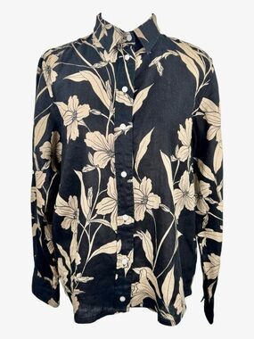 Lauren Ralph Lauren Linen Shirt Petite Medium Floral Black Tan Button Down